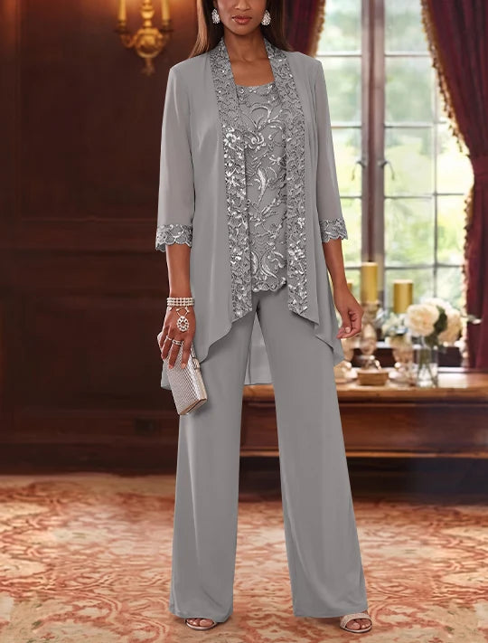 3 Pieces Scoop Chiffon Mother of the Bride Pantsuits with Jacket 3/4 Sleeves Ankle-Length Floral Sequins