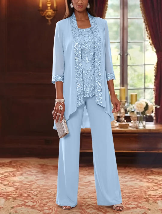 3 Pieces Scoop Chiffon Mother of the Bride Pantsuits with Jacket 3/4 Sleeves Ankle-Length Floral Sequins