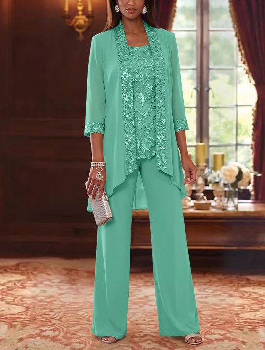 3 Pieces Scoop Chiffon Mother of the Bride Pantsuits with Jacket 3/4 Sleeves Ankle-Length Floral Sequins