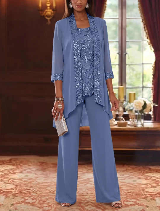 3 Pieces Scoop Chiffon Mother of the Bride Pantsuits with Jacket 3/4 Sleeves Ankle-Length Floral Sequins