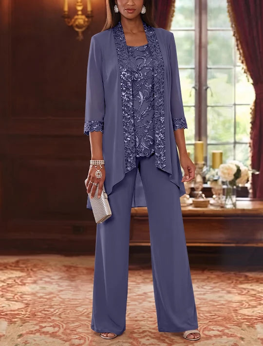 3 Pieces Scoop Chiffon Mother of the Bride Pantsuits with Jacket 3/4 Sleeves Ankle-Length Floral Sequins
