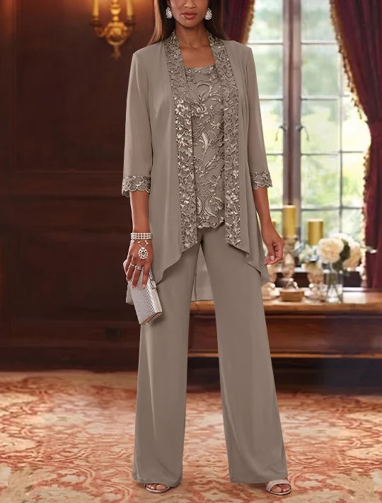 3 Pieces Scoop Chiffon Mother of the Bride Pantsuits with Jacket 3/4 Sleeves Ankle-Length Floral Sequins