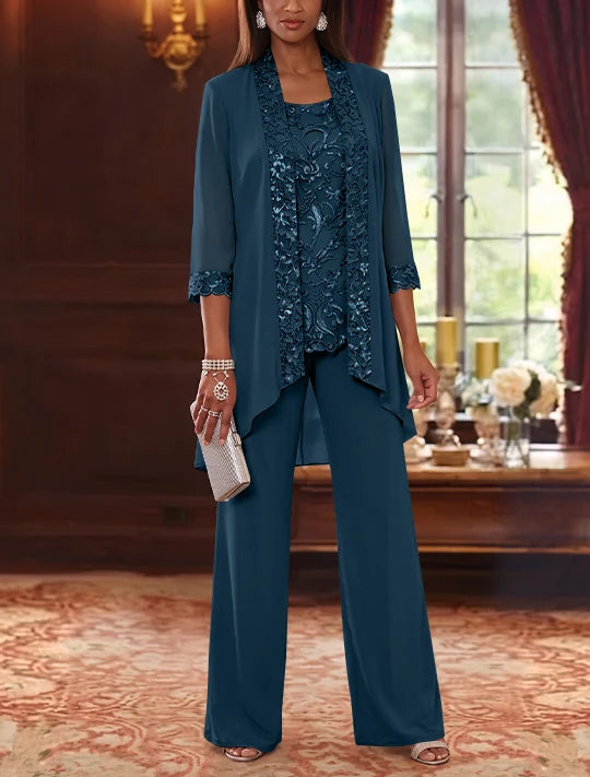 3 Pieces Scoop Chiffon Mother of the Bride Pantsuits with Jacket 3/4 Sleeves Ankle-Length Floral Sequins