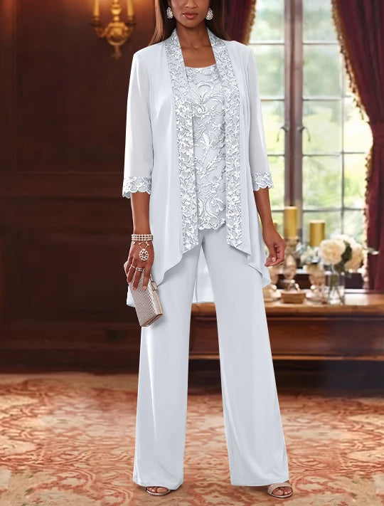3 Pieces Scoop Chiffon Mother of the Bride Pantsuits with Jacket 3/4 Sleeves Ankle-Length Floral Sequins