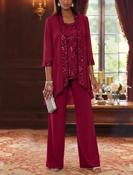 3 Pieces Scoop Chiffon Mother of the Bride Pantsuits with Jacket 3/4 Sleeves Ankle-Length Floral Sequins
