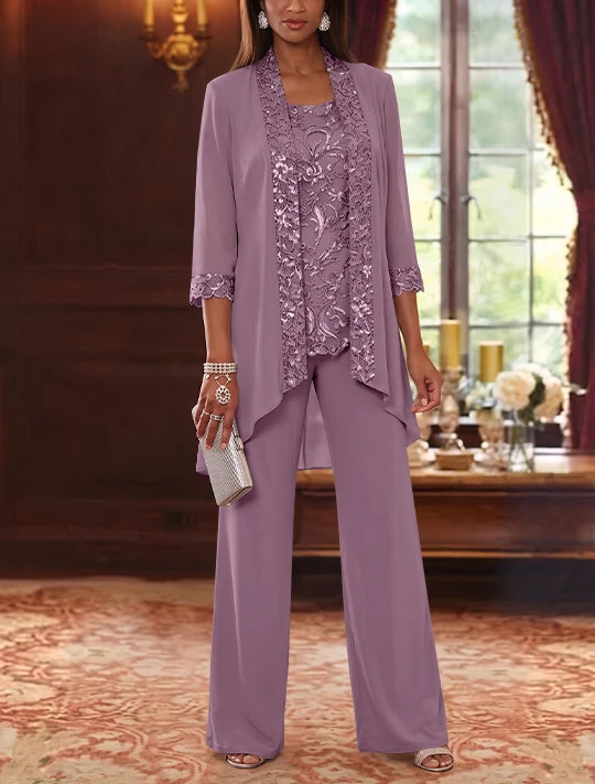 3 Pieces Scoop Chiffon Mother of the Bride Pantsuits with Jacket 3/4 Sleeves Ankle-Length Floral Sequins