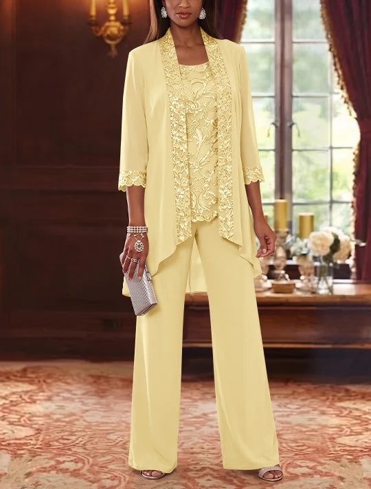 3 Pieces Scoop Chiffon Mother of the Bride Pantsuits with Jacket 3/4 Sleeves Ankle-Length Floral Sequins