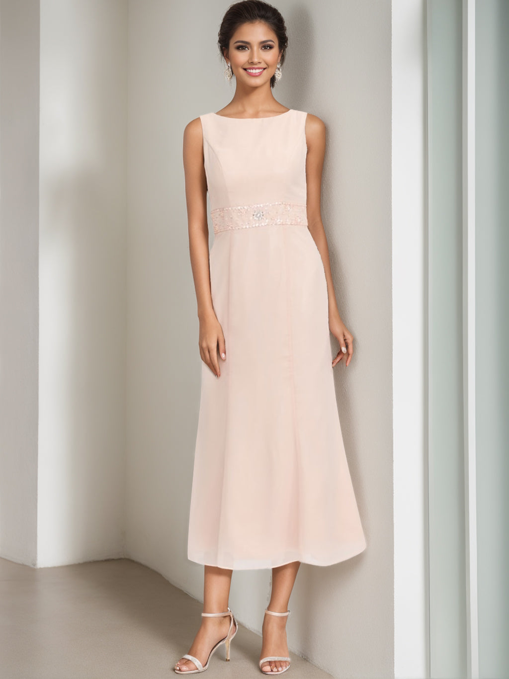 Sheath/Column Jewel Neck Tea Length Mother of the Bride Dresses with Jacket & Beading