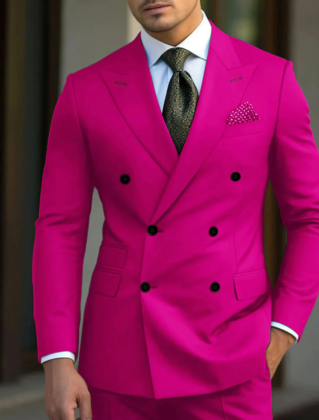 Men's Tailored Fit Double Breasted Six-buttons 2 Pieces Solid Coloured Wedding Suits