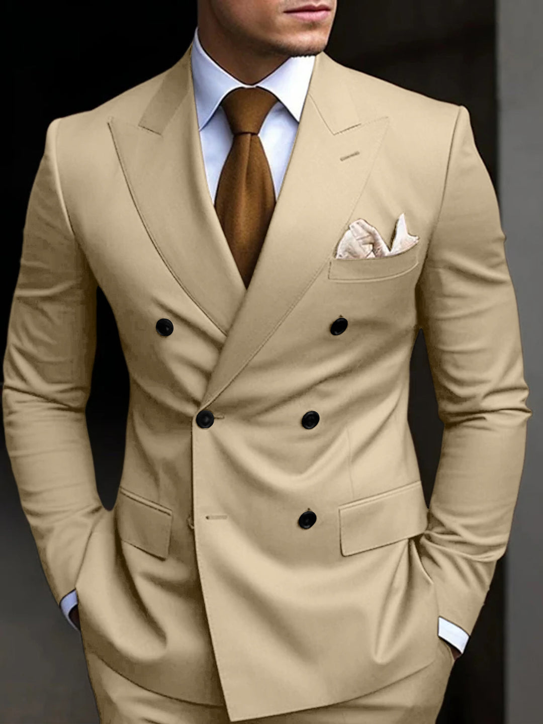 Men's Tailored Fit Double Breasted Six-buttons 2 Pieces Solid Coloured Wedding Suits