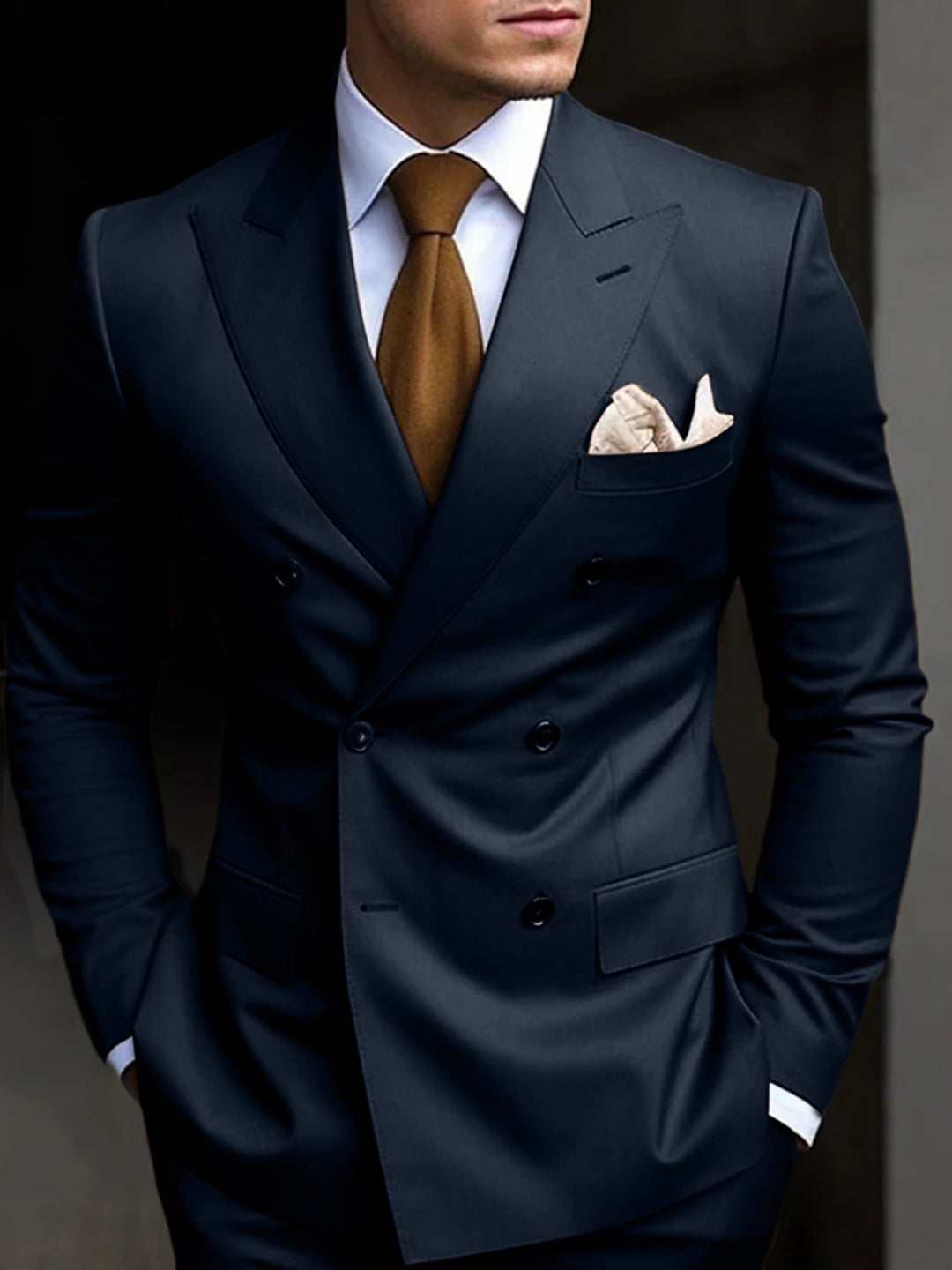 Men's Tailored Fit Double Breasted Six-buttons 2 Pieces Solid Coloured Wedding Suits