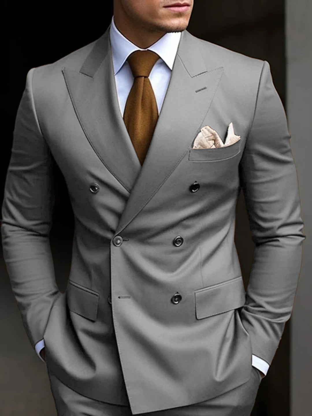 Men's Tailored Fit Double Breasted Six-buttons 2 Pieces Solid Coloured Wedding Suits