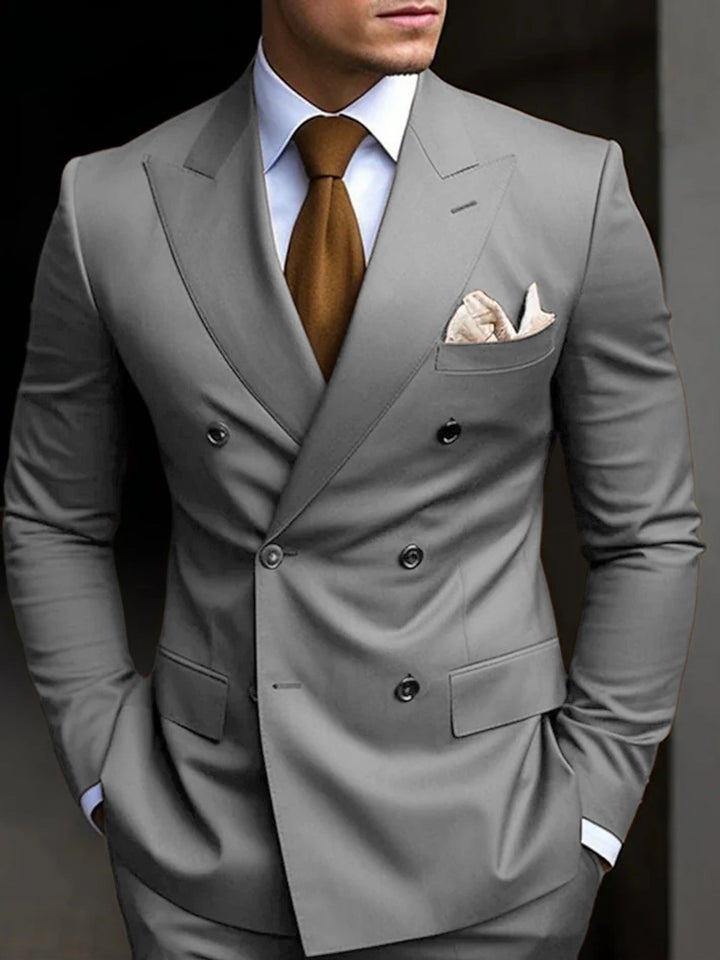 Men's Tailored Fit Double Breasted Six-buttons 2 Pieces Solid Coloured Wedding Suits