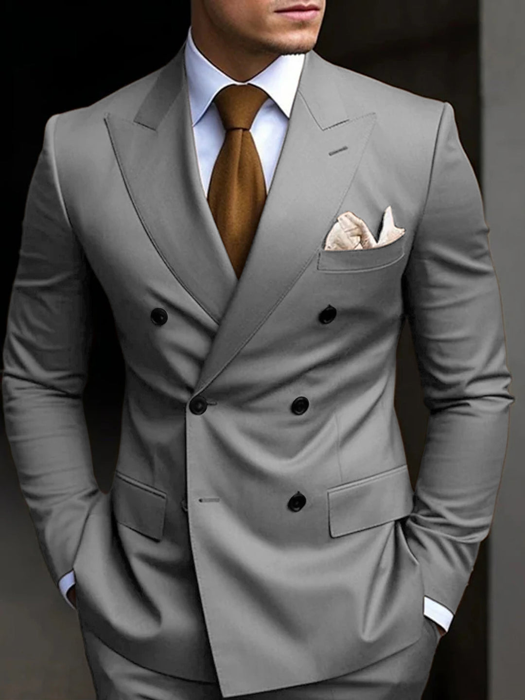 Men's Tailored Fit Double Breasted Six-buttons 2 Pieces Solid Coloured Wedding Suits