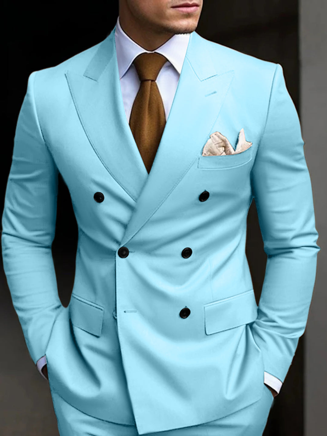 Men's Tailored Fit Double Breasted Six-buttons 2 Pieces Solid Coloured Wedding Suits