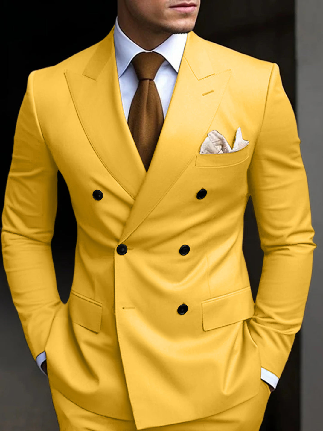 Men's Tailored Fit Double Breasted Six-buttons 2 Pieces Solid Coloured Wedding Suits
