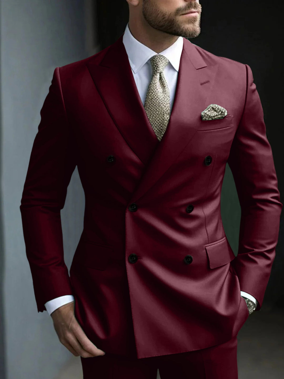 Green Men's Tailored Fit 2 Pieces Solid Coloured Double Breasted Six-buttons Party Suits