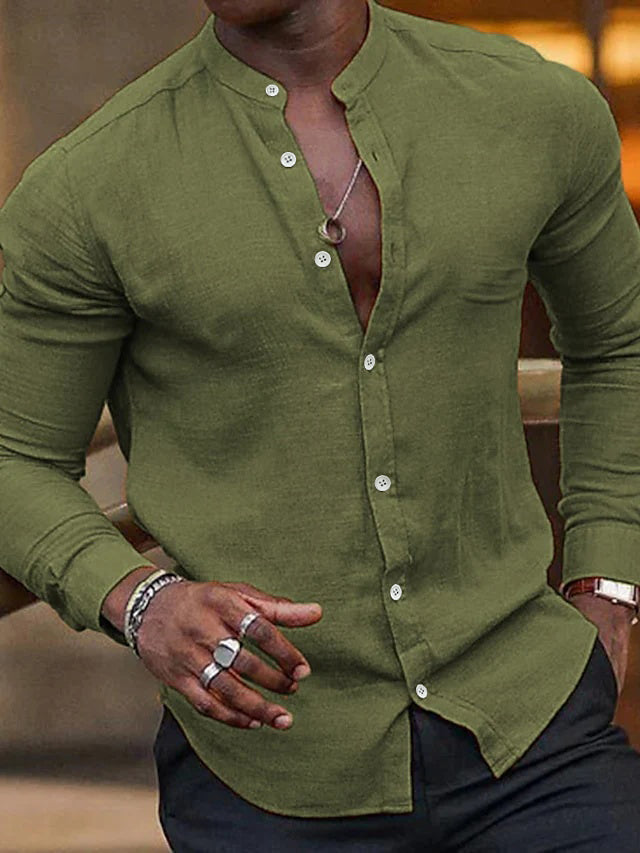 Men's Casual Cotton Linen Long Sleeves Solid Colour Shirt