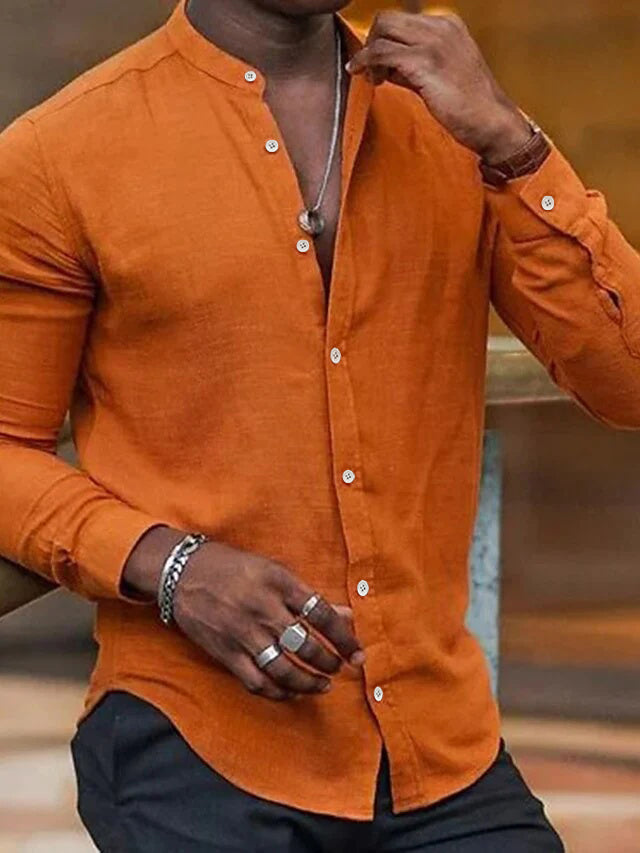 Men's Casual Cotton Linen Long Sleeves Solid Colour Shirt