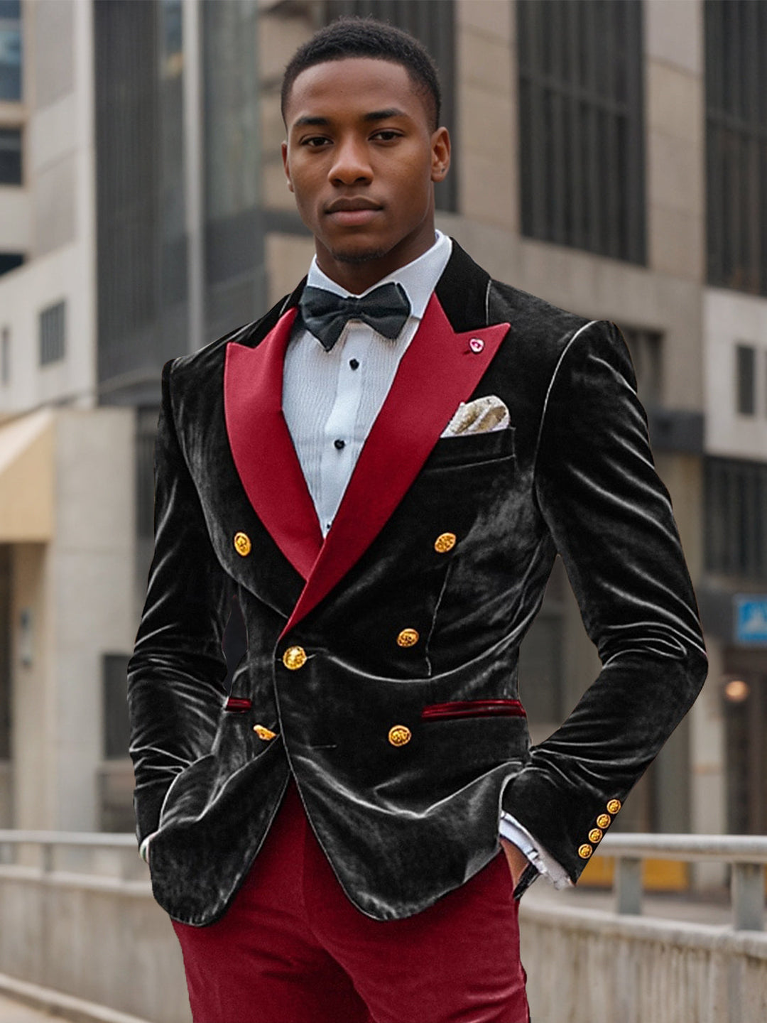 Men's Vintage Party Velvet Coloured Patchwork Solid   Regular Standard Fit Double Breasted Six-buttons Blazer Jacket