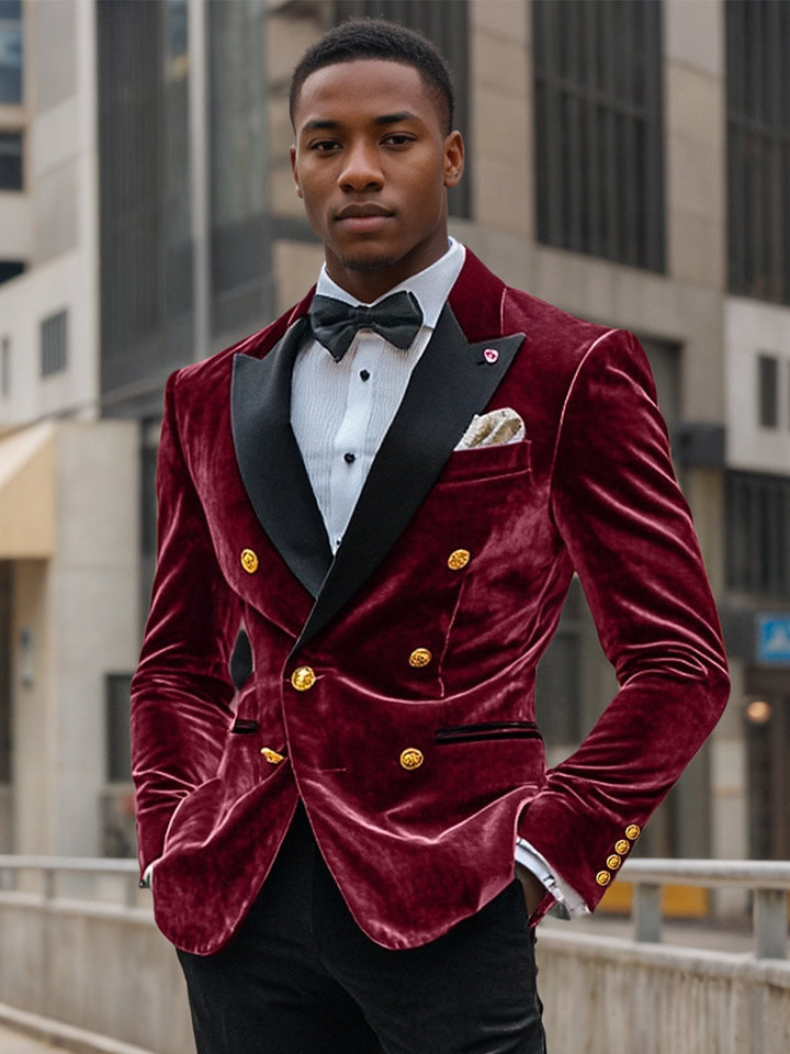 Men's Vintage Party Velvet Coloured Patchwork Solid   Regular Standard Fit Double Breasted Six-buttons Blazer Jacket