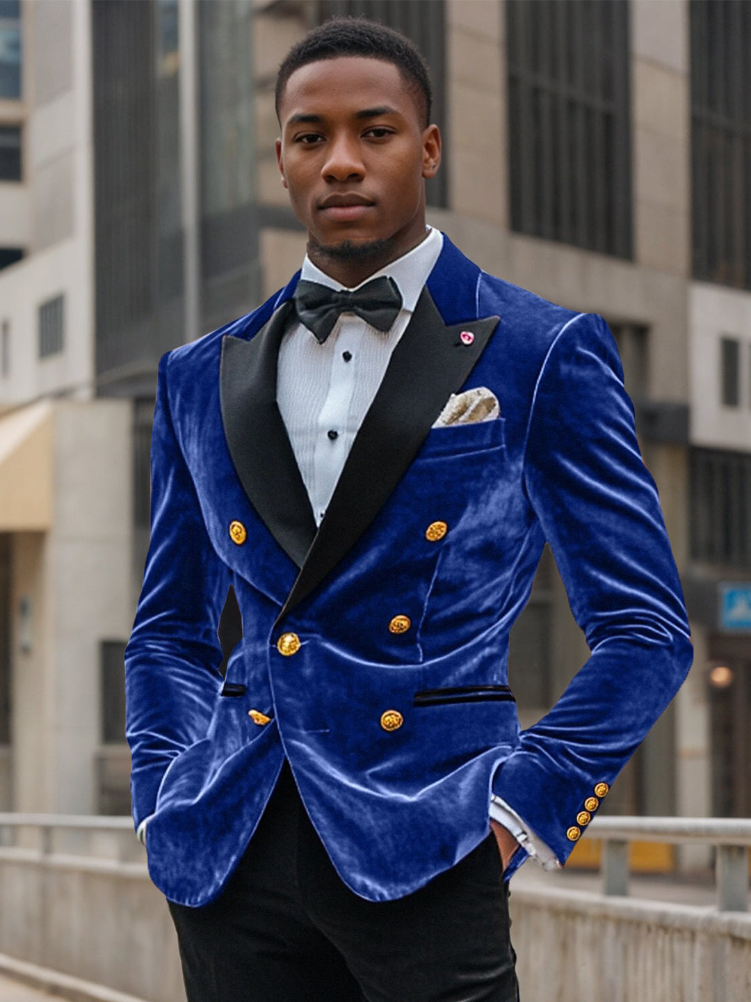 Men's Vintage Party Velvet Coloured Patchwork Solid   Regular Standard Fit Double Breasted Six-buttons Blazer Jacket