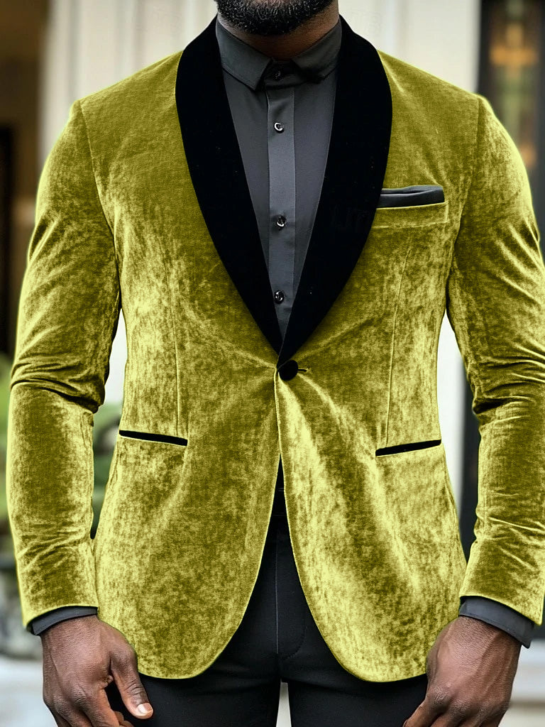 Green Men's Velvet Solid Coloured Standard Fit Single Breasted One-button Blazer Jacket