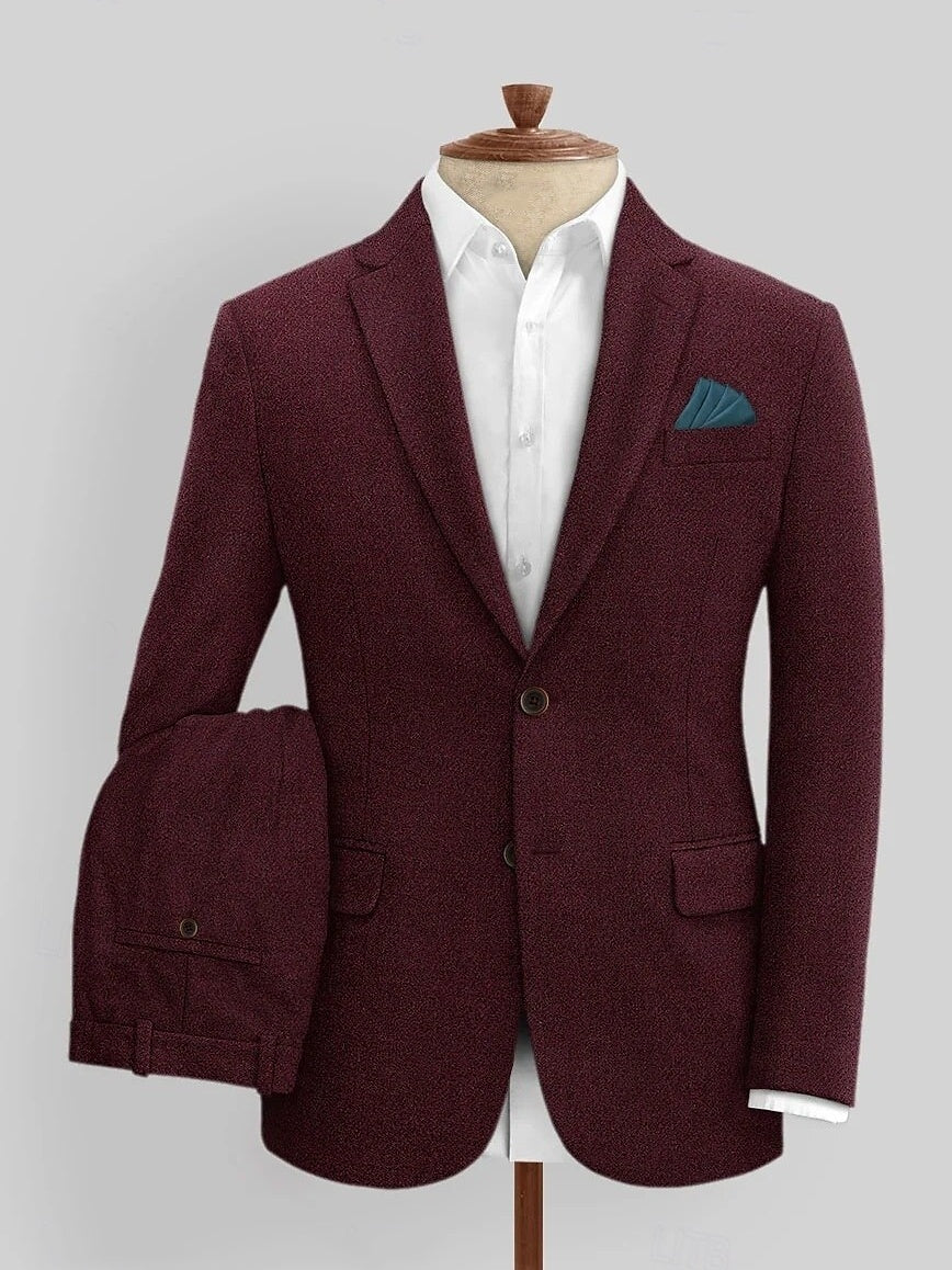 Men's Solid Coloured 3 Piece Business Retro Vintage Tailored Fit Single Breasted Two-buttons Tweed Wedding Party Suits