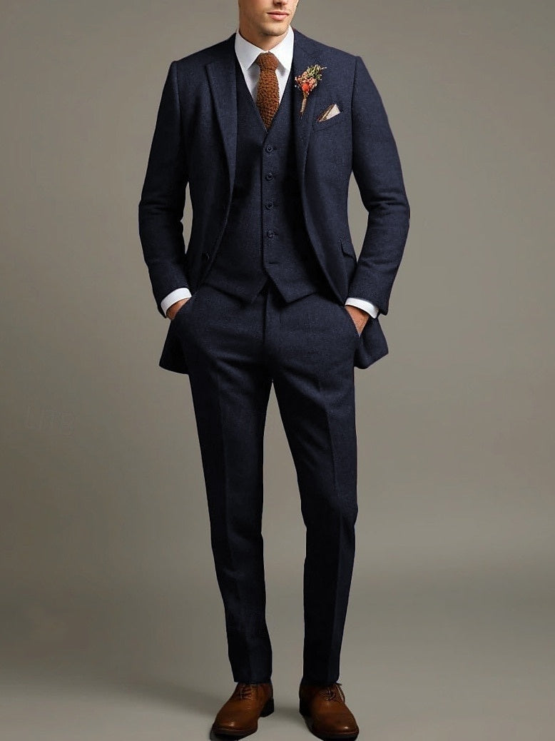 Men's Solid Coloured 3 Piece Business Retro Vintage Tailored Fit Single Breasted Two-buttons Tweed Wedding Party Suits