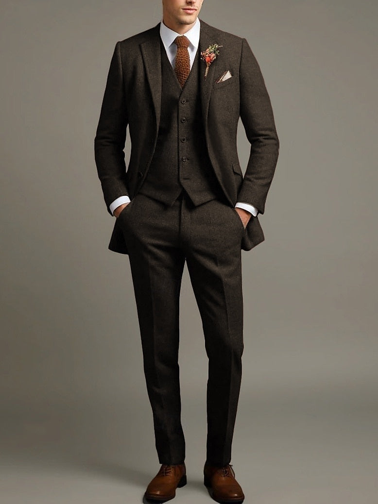 Men's Solid Coloured 3 Piece Business Retro Vintage Tailored Fit Single Breasted Two-buttons Tweed Wedding Party Suits