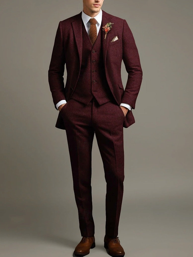 Men's Solid Coloured 3 Piece Business Retro Vintage Tailored Fit Single Breasted Two-buttons Tweed Wedding Party Suits