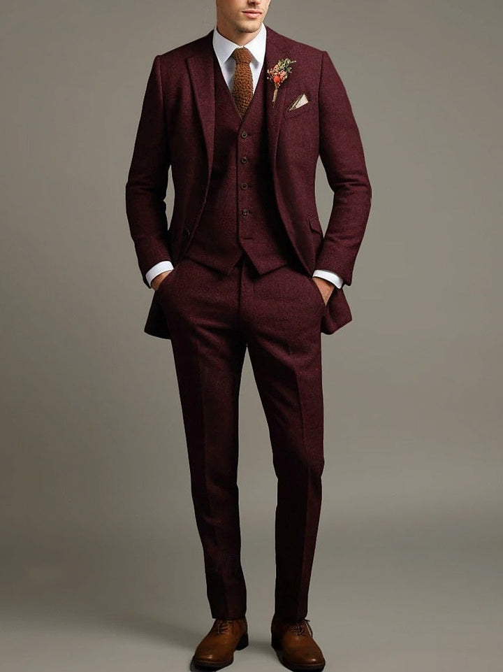 Men's Solid Coloured 3 Piece Business Retro Vintage Tailored Fit Single Breasted Two-buttons Tweed Wedding Party Suits