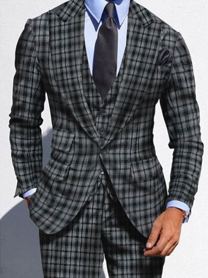 Dark Grey Men's Wedding Plaid Checkered Tailored Fit Single Breasted Suits 3 Piece