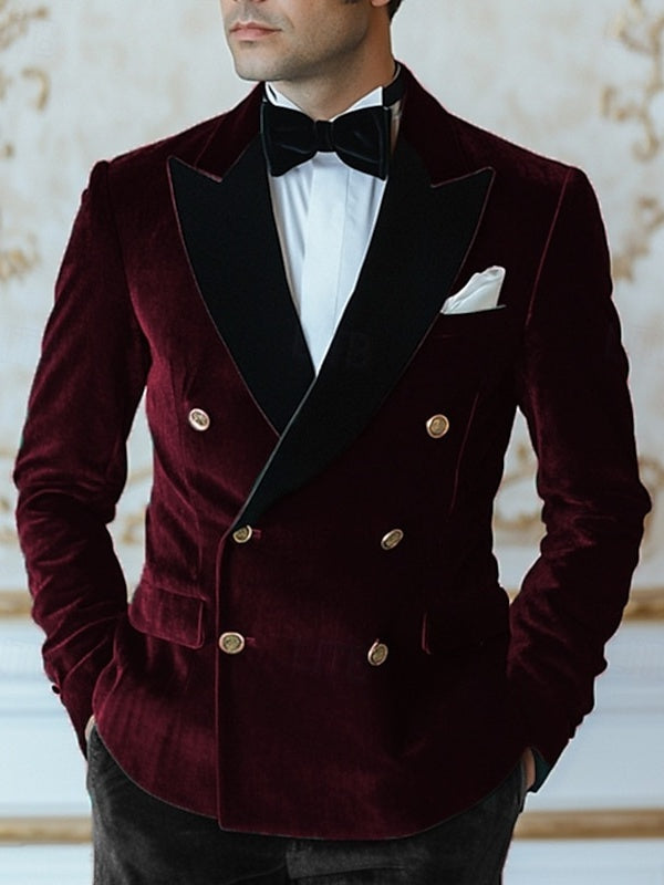 Men's Velvet Patchwork Solid Coloured Double Breasted Regular Standard Fit Vintage Party Jacket Blazer