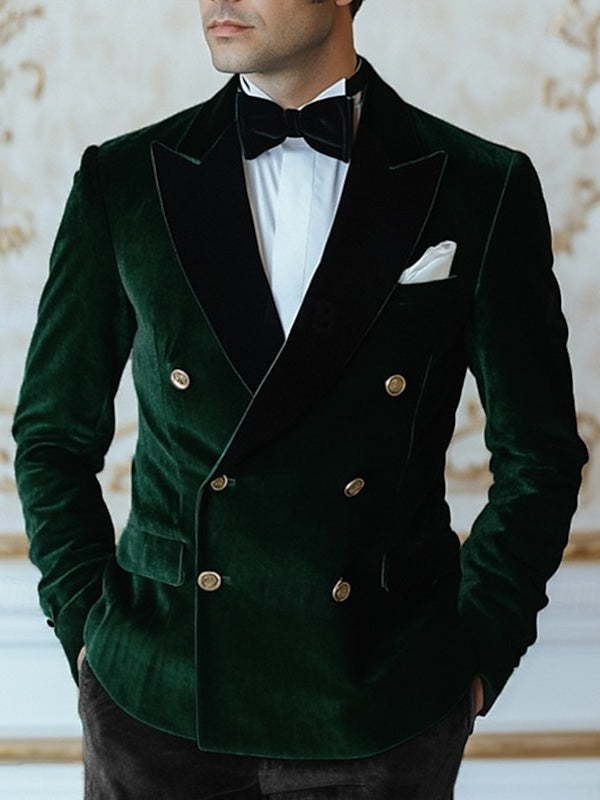 Men's Velvet Patchwork Solid Coloured Double Breasted Regular Standard Fit Vintage Party Jacket Blazer
