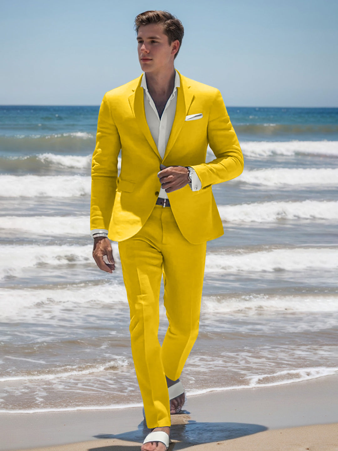 Sky Blue Men's Tailored Fit Single Breasted Two-Buttons Casual Beach Wedding Suits