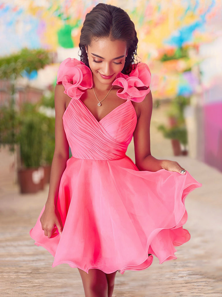 A-Line/Princess V-neck Sleeveless Short/Mini Party Dance Cocktail Homecoming Dress with Ruffled Edges & Pleats