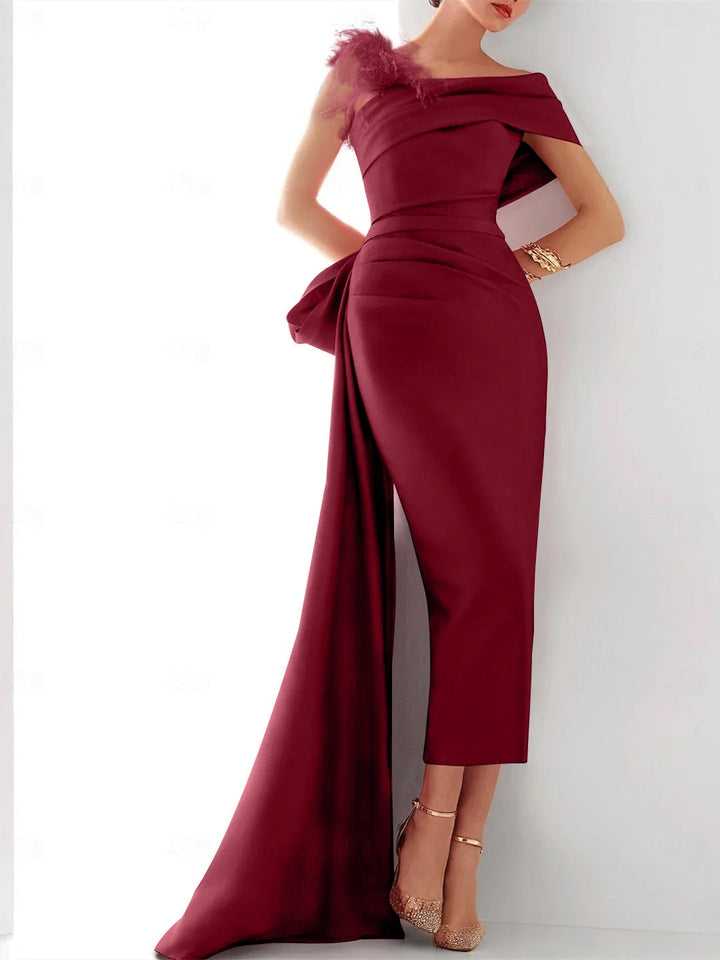 Sheath/Column Off-the-Shoulder Short Sleeves Ankle-Length Mother of the Bride Dresses with Watteau Train