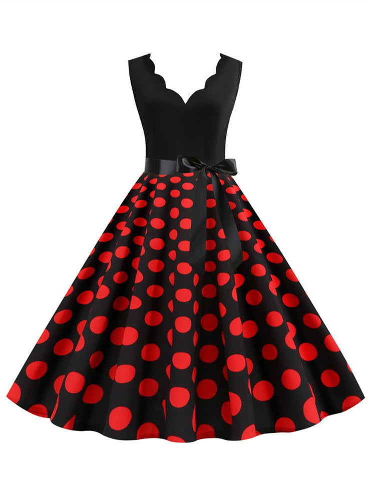 Short/Mini Cotton Blend V-Neck Sleeveless Printing Women's Vintage Dresses