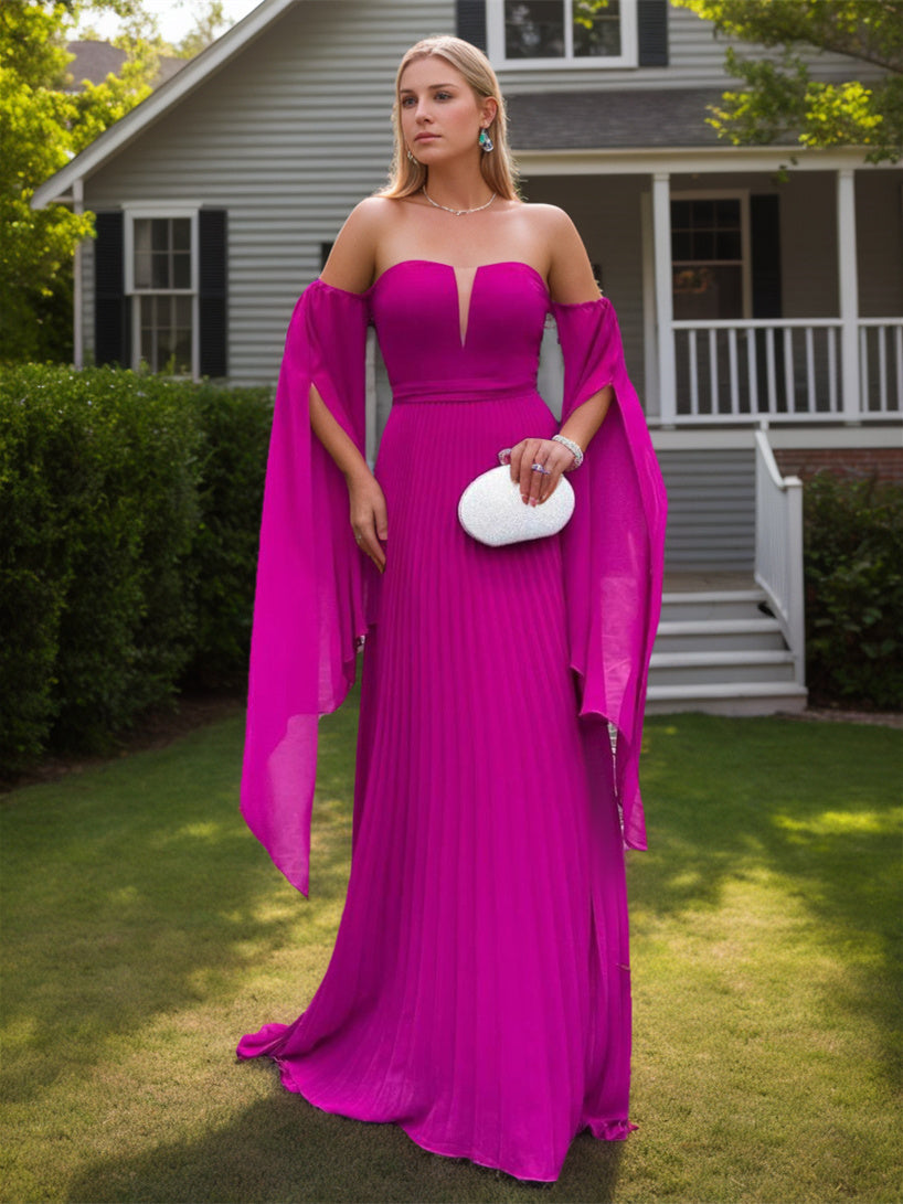 A-Line/Princess Strapless 1/2 Sleeves Floor-Length Pure Colour Evening Dresses