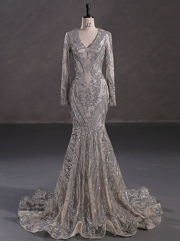 Trumpet/Mermaid V-Neck Long Sleeves Floor-Length Evening Dresses with Sequin