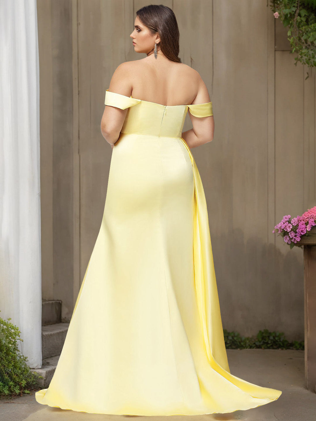 Trumpet/Mermaid Off-the-Shoulder Floor-length Plus Size Satin Prom Dresses with Split Side & Watteau Train