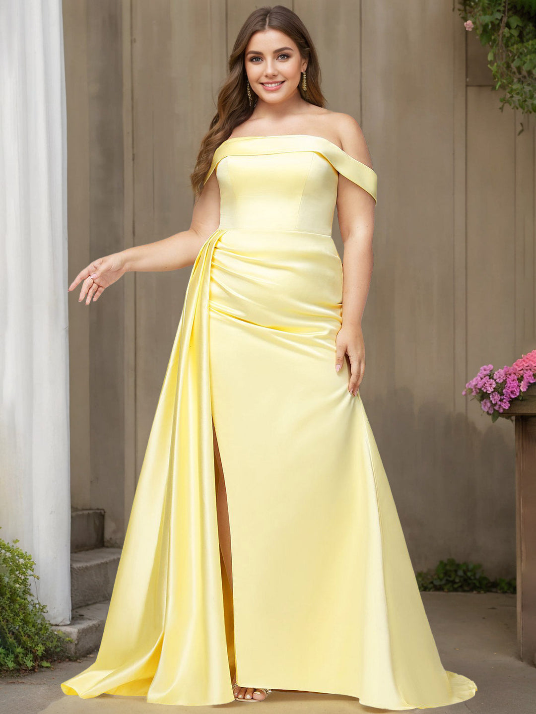 Trumpet/Mermaid Off-the-Shoulder Floor-length Plus Size Satin Prom Dresses with Split Side & Watteau Train