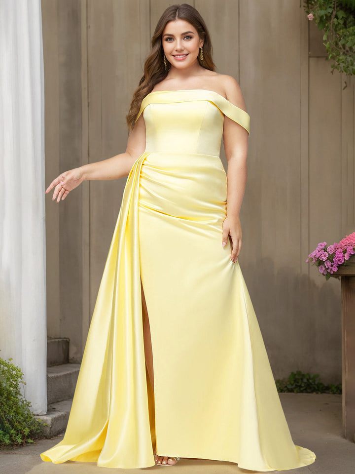 Trumpet/Mermaid Off-the-Shoulder Floor-length Plus Size Satin Prom Dresses with Split Side & Watteau Train