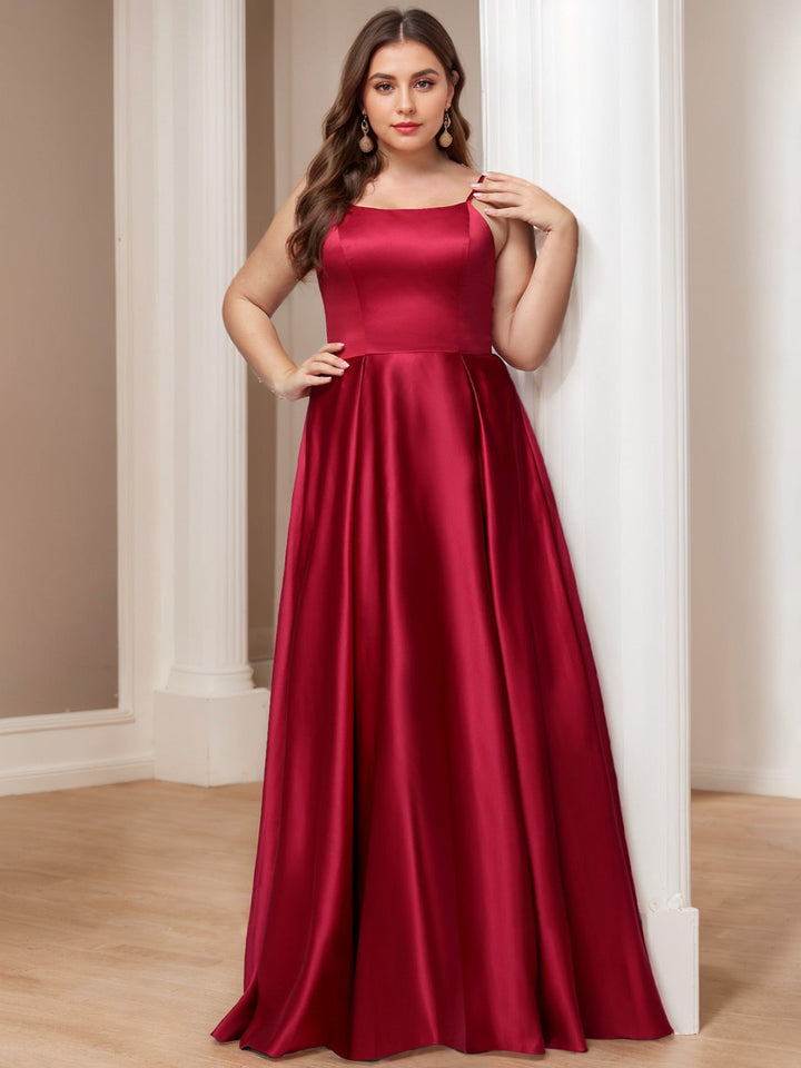 A-Line/Princess Square Neck Sleeveless Floor-Length Plus Size Satin Prom Dresses