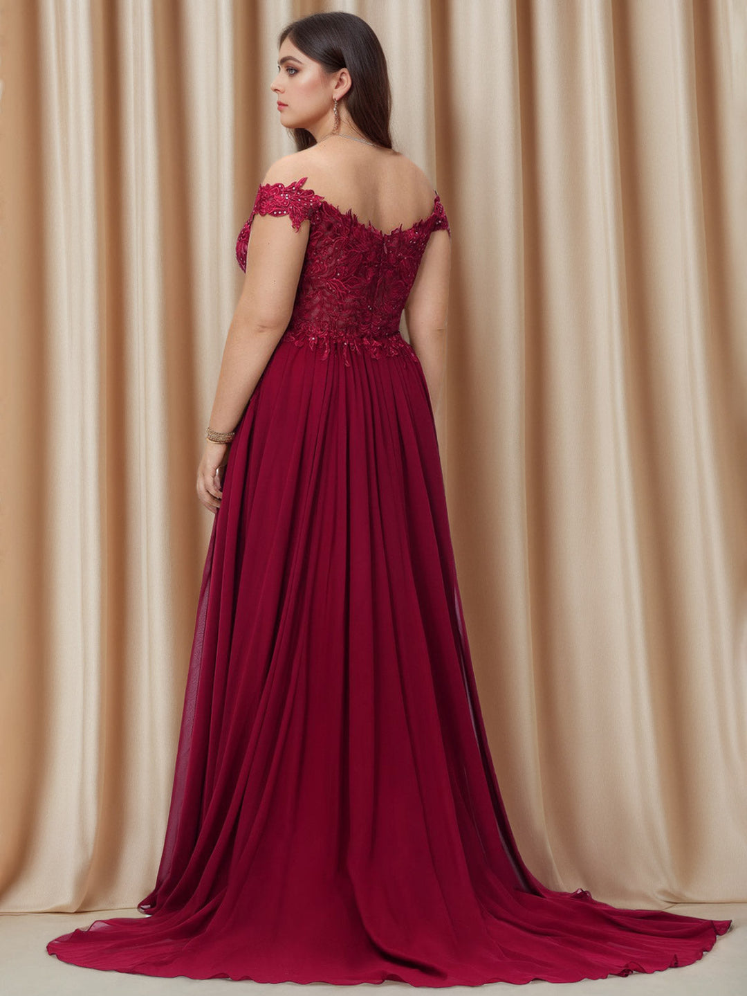 A-Line/Princess Off-the-Shoulder Sleeveless Lace Chiffon Plus Size Prom Dresses with Sequins