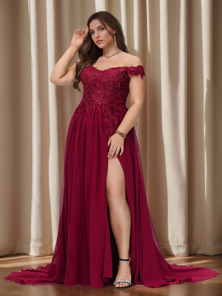 A-Line/Princess Off-the-Shoulder Sleeveless Lace Chiffon Plus Size Prom Dresses with Sequins