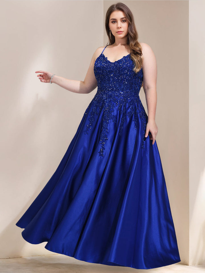 A-Line/Princess V-Neck Sleeveless Satin Lace Plus Size Prom Dresses With Sequins