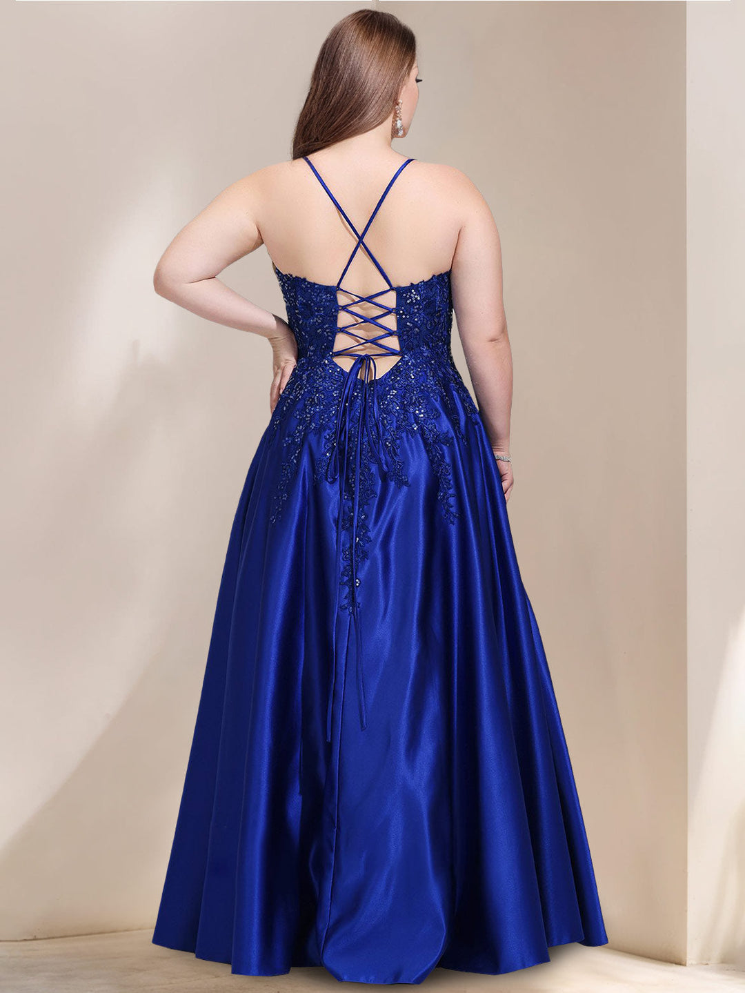 A-Line/Princess V-Neck Sleeveless Satin Lace Plus Size Prom Dresses With Sequins