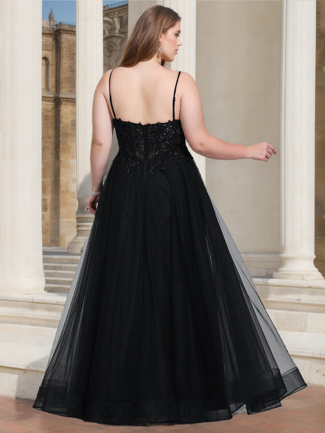 A-Line/Princess V-Neck Sleeveless Floor-Length Plus Size Prom Dresses With Sequins & Split Side